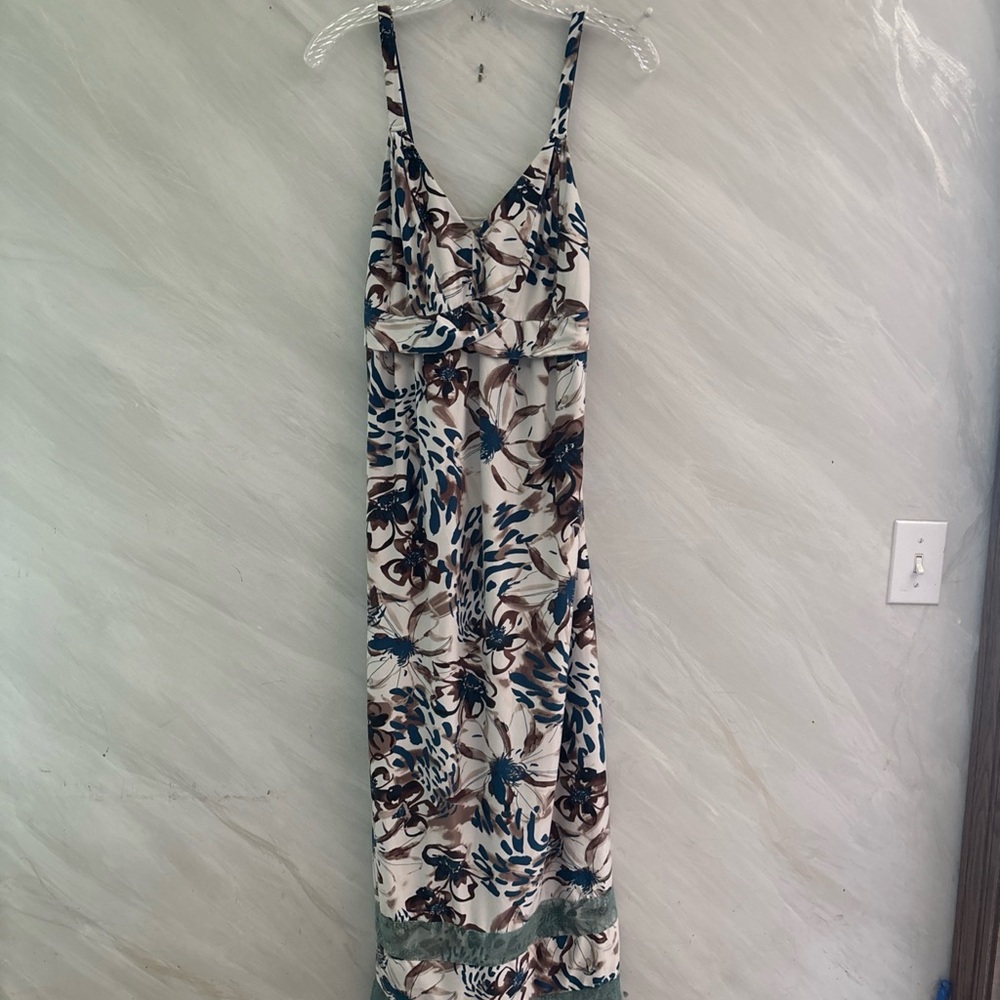 Soma M Ivory, Brown, Teal Floral Soft  Jersey Adjustable Straps Maxi Dress